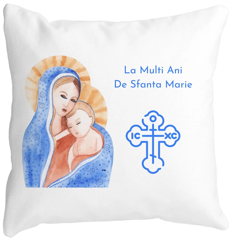 Perna Decorativa La multi ani de Sfanta Maria, 40x40 cm, Alba, Mata, Husa Detasabila, Burduf