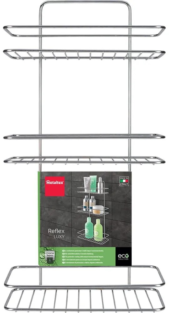 Raft pentru baie argintiu lucios de agățat/autoadeziv din oțel Luxy – Metaltex