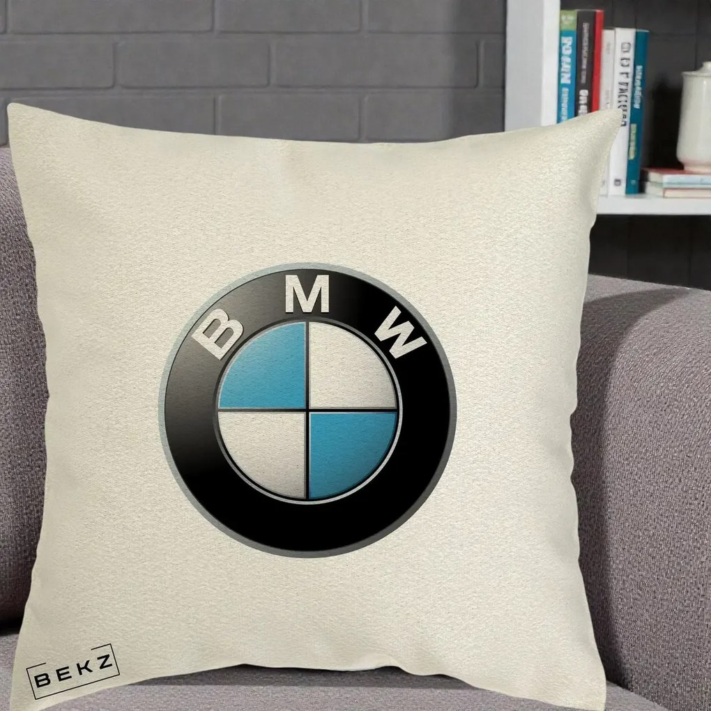 Perna Personalizata cu emblema BMW, 40x40 cm, Ecru, Husa Detasabila, Perna Inclusa, BEKZ®