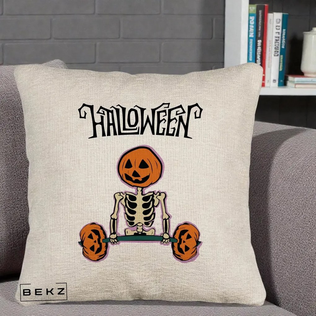 Perna Decorativa Halloween Schelet cu Cap de Dovleac Powerlifting, 40x40 cm, Bej Canapea, Husa Detasabila, Perna Inclusa, BEKZ®