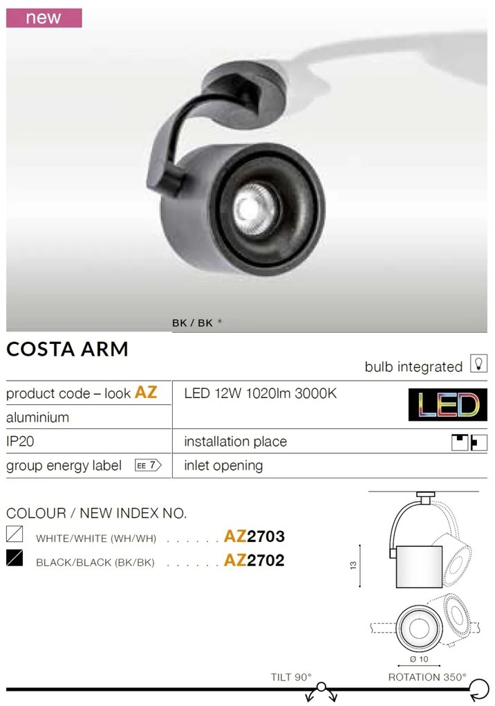 Spot LED cu brat aplicat directionabil de tavan/plafon COSTA negru