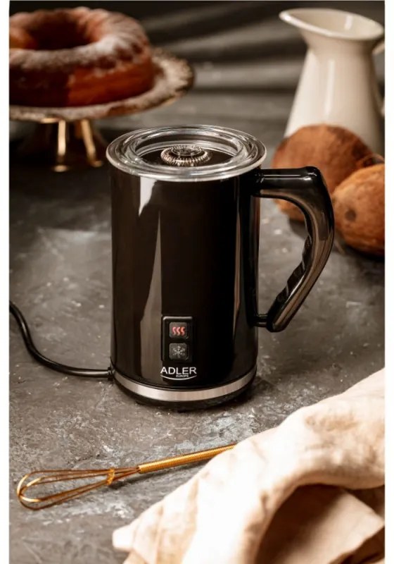 Aparat pentru spumat lapte Adler AD 4478, 500W, 240 ml, Acoperire antiaderenta, Protectie STRIX, Otel negru