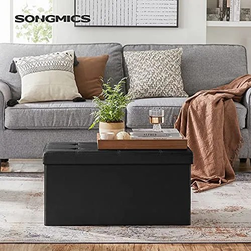 Bancheta cu capac si spatiu depozitare, 76 x 38 x 38 cm, MDF / piele ecologica, negru, Songmics