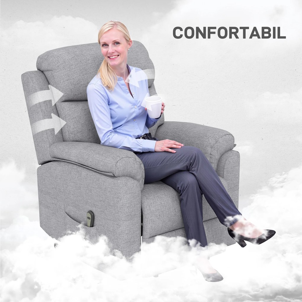 HOMCOM Fotoliu Rabatabil cu Suport pentru Picioare, Ridicare Electrică și Telecomandă, din Poliester cu Efect de In, 83x89x102 cm, Gri | Aosom Romania
