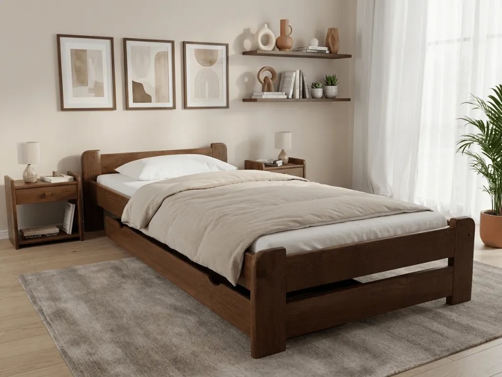 Pat de o persoana Emily 90x200 cm, stejar Saltele: Cu saltele Somnia 18 cm, Somiera pat: Cu lamele drepte