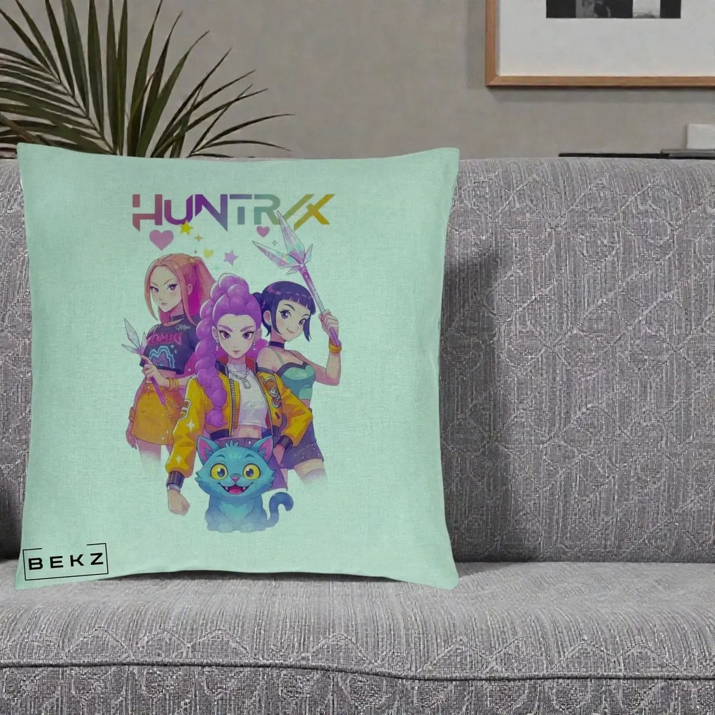 Perna Personalizata K-pop HUNTRX Trio Foto cu Pisica, 40x40 cm, Verde Menta, Husa Detasabila, Perna Inclusa, BEKZ®