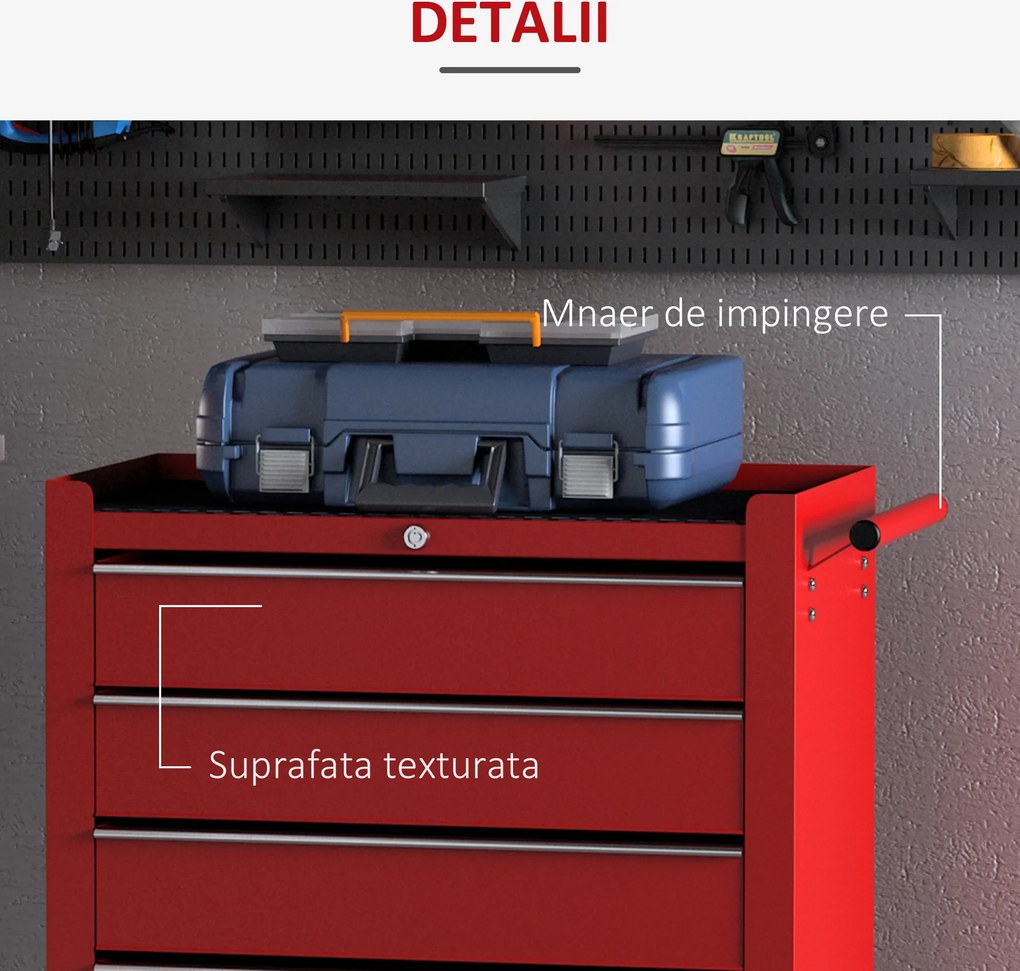 HOMCOM Cărucior Mobil pentru Atelier cu Sertare, Organizator Ustensile, Roșu, 67.5x33x77cm | Aosom Romania