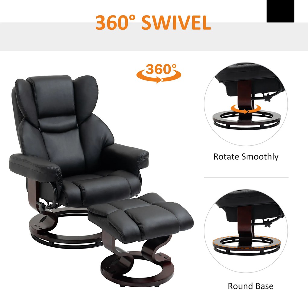 HOMCOM Fotoliu Relaxant si Puf, Reclinabil la 145° cu Scaun Rotativ din Piele Ecologica, Negru | Aosom Romania