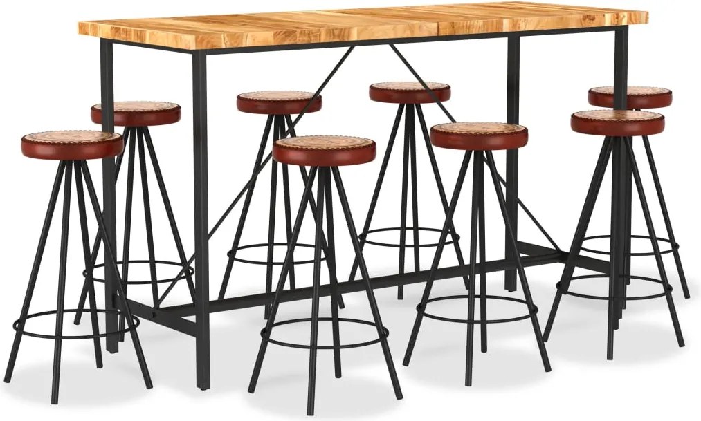 vidaXL Set de bar 9 piese lemn masiv de acacia piele naturală și pânză