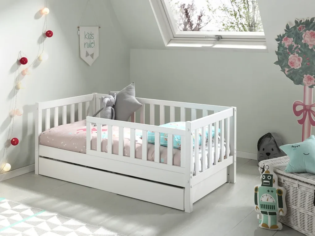 Pat Toddler alb pentru copii mici, 70 x 140 cm, cu sertar de depozitare – Vipack