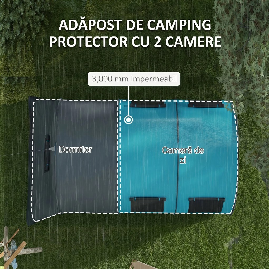 Outsunny Cort de Camping Impermeabil, Cort cu 5 Locuri, Zonă Separată de Dormit și Living, 480x260x200 cm, Gri și Albastru | Aosom Romania