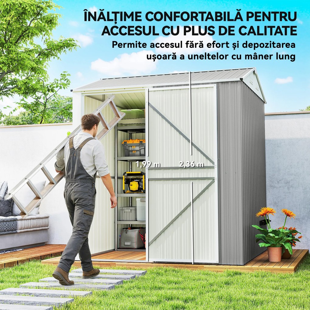 Outsunny Depozit de Grădină Înalt de 3.51m² din Oțel Galvanizat cu Guri de Ventilație, Căsuță de Grădină cu Ușă Blocabilă, Acoperiș Înclinat, Mănuși, Depozit pentru Unelte, 209x177x236 cm, Argintiu Gri | Aosom Romania