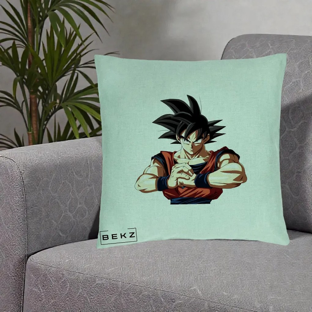 Perna Personalizata Dragon Ball Goku Portret Serios, 40x40 cm, Verde Menta, Husa Detasabila, Perna Inclusa, BEKZ®