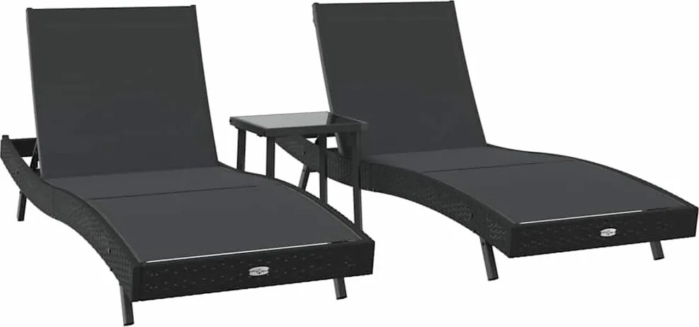 vidaXL Șezlong 3 pcs Negru 197 x 70 x 82 cm poliratan