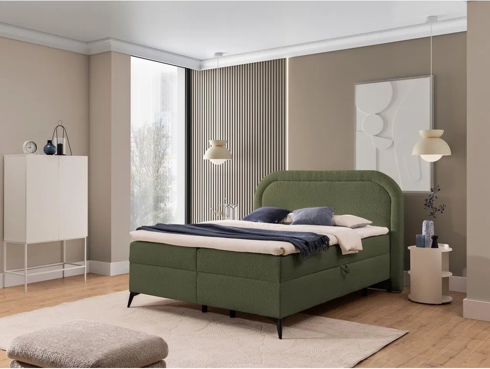 Pat boxspring verde cu spațiu de depozitare 140x200 cm Ornes – Ropez