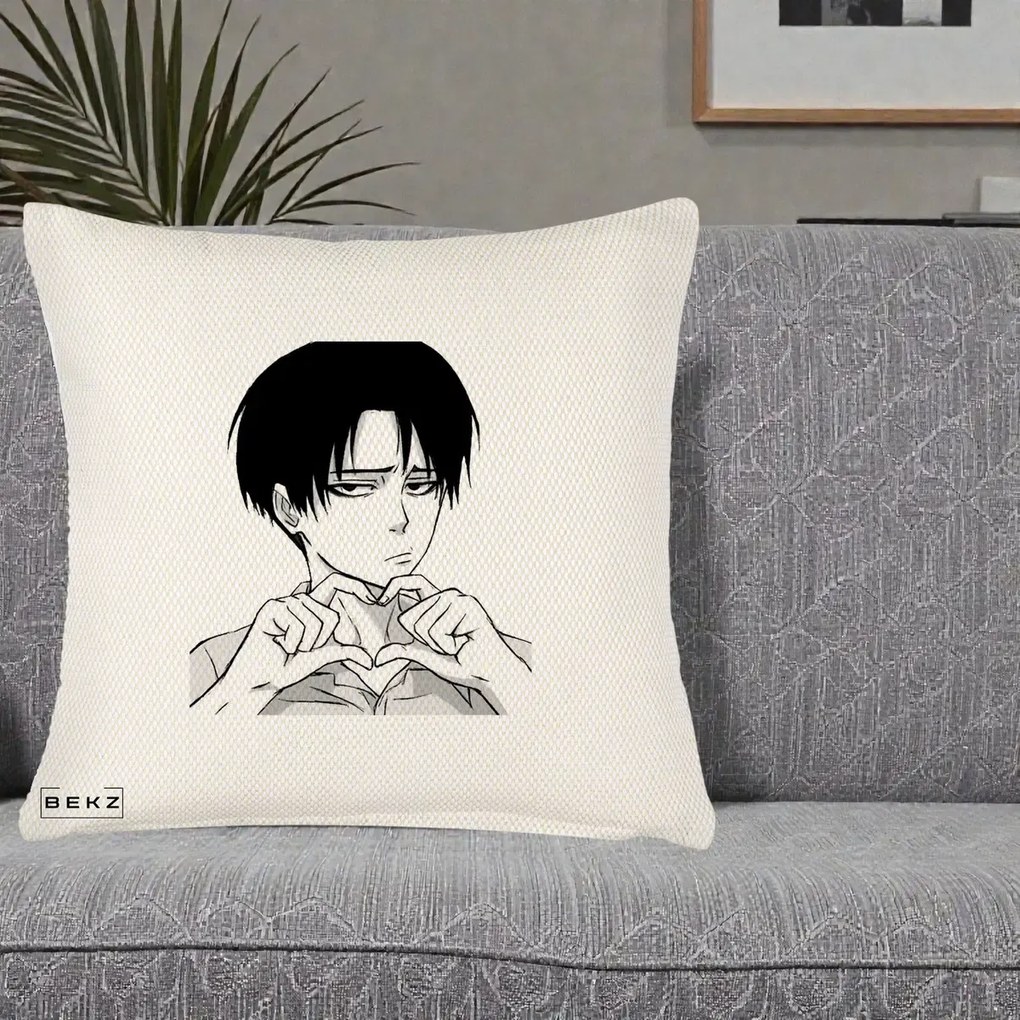 Perna Personalizata Levi Ackerman Inima, 40x40 cm, Crem Reliefat, Husa Detasabila, Perna Inclusa, BEKZ®