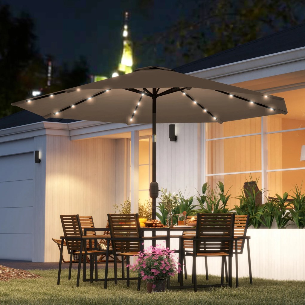 Umbrelă de grădină Ø265 cm cu 32 LED-uri solare, manivelă și tijă din oțel pentru patio terasă Outsunny, kaki | Aosom Romania
