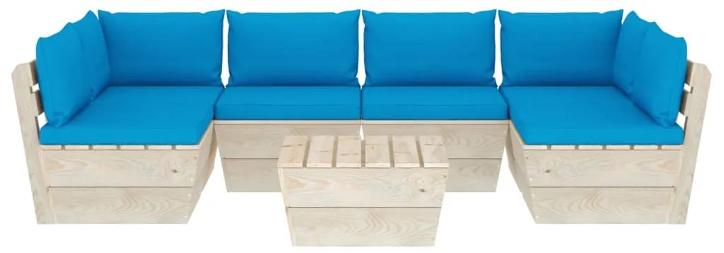 Set mobilier gradina din paleti, 7 piese, cu perne, lemn molid Albastru deschis, 2x colt + 4x mijloc + masa, 1