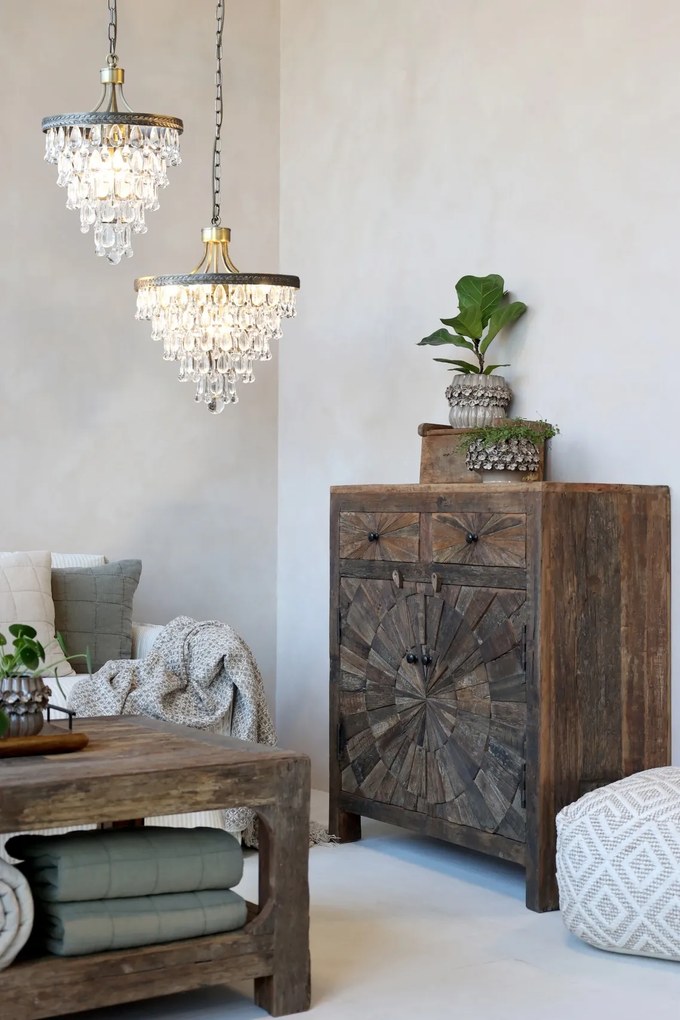 Bufet rustic din lemn vechi reciclat, 2 uși cu decor solar sculptat, 2 sertare, 90 cm, „Grimaud"