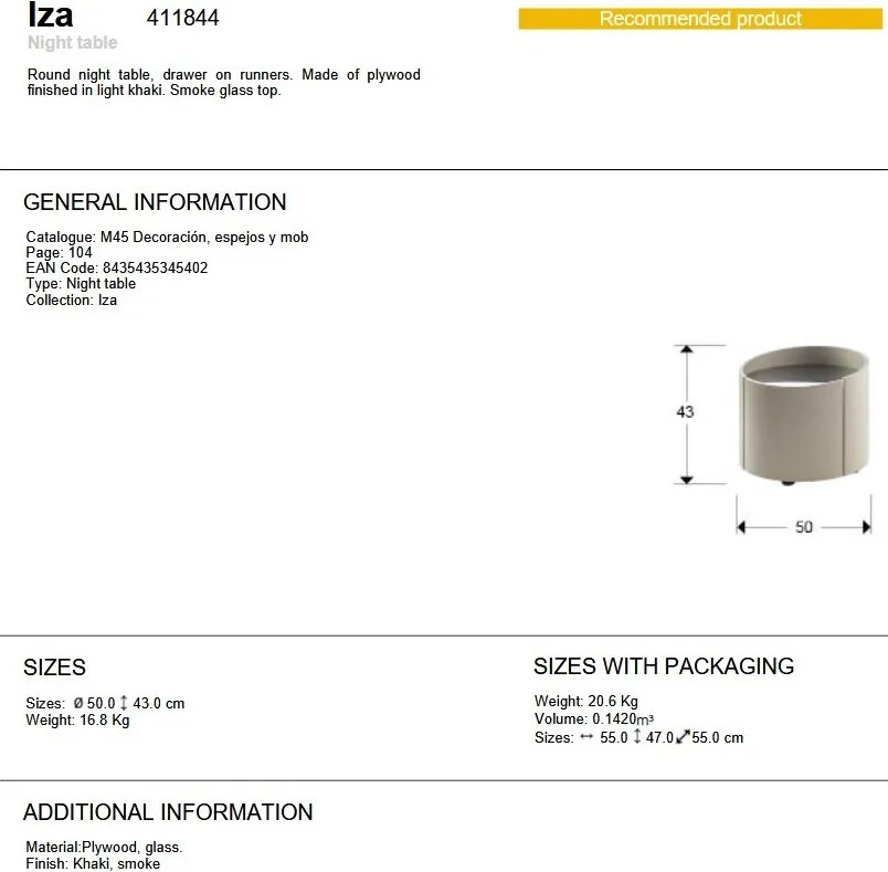 Noptiera rotunda cu sertar Iza khaki