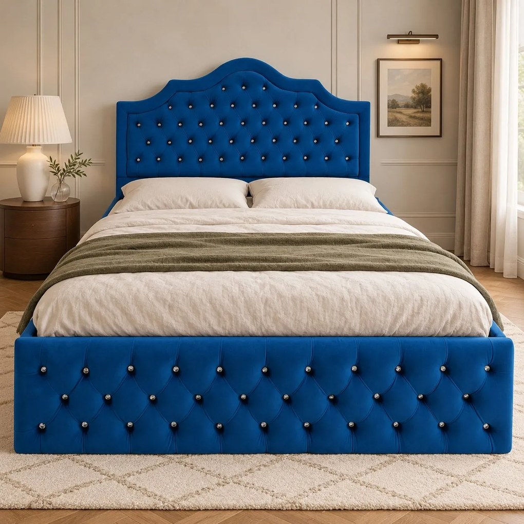 Pat tapițat Chesterfield din catifea Imperio Deluxe 160×200 cm, albastru, cu ladă de depozitare