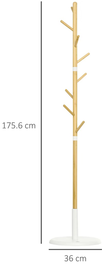 HOMCOM Cuier Vertical cu 8 Cârlige cu Bază Rotundă din Bambus, Lemn și Metal, Ø37,8x175,6 cm, Lemn Natural | Aosom Romania