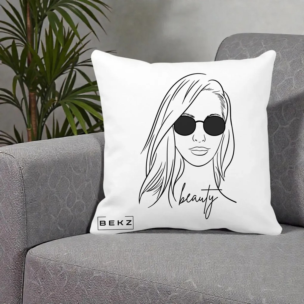 Perna Decorativa Beauty Girl Line Art, 40x40 cm, Alba Mata, Husa Detasabila, Perna Inclusa, BEKZ®