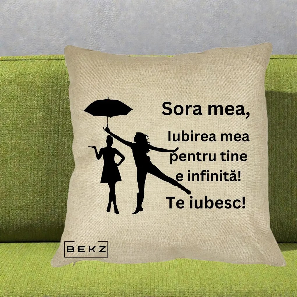 Cadou pentru Sora - Perna Personalizata Sora Mea Te Iubesc Siluete Negre cu Umbrela, 40x40 cm, Crem, Husa Detasabila, Perna Inclusa, BEKZ®