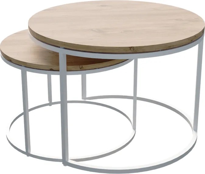 Set 2 Masuta Cafea Solitas Finisaj Stejar, Picioare Albe