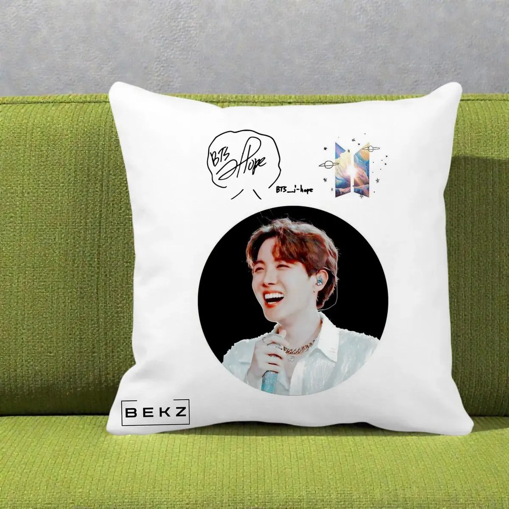 Perna Personalizata K-pop BTS J-Hope Portret cu Autograf, 40x40 cm, Alba Mata, Husa Detasabila, Perna Inclusa, BEKZ®