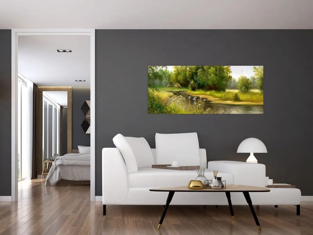 Tablou - Râu lângă pădure, pictură în ulei (120x50 cm)