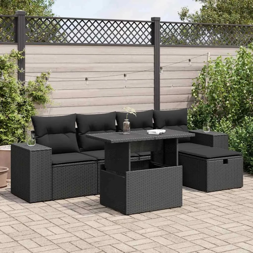 3327925 vidaXL Set mobilier de grădină cu perne, 6 piese, negru, poliratan