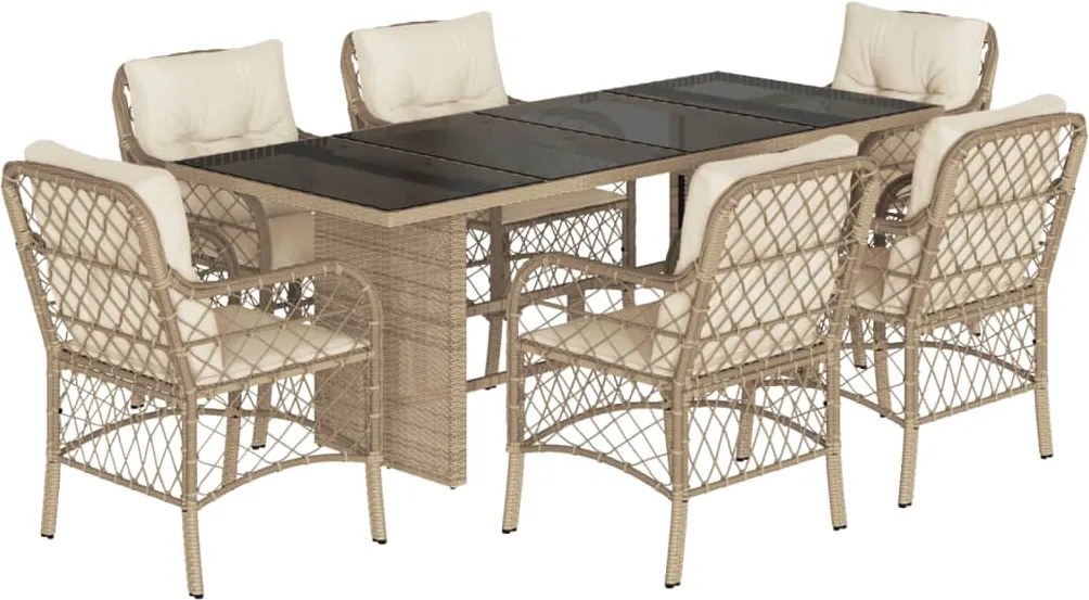 vidaXL Set de masă pentru grădină, 7 piese, cu perne, bej, poliratan