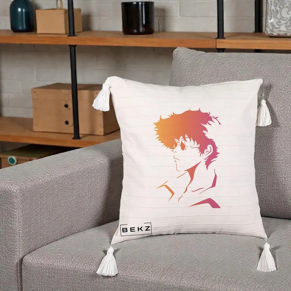 Perna Decorativa Cowboy Bebop Spike Silueta Gradient, 40x40 cm, Bej cu Franjuri, Husa Detasabila, Perna Inclusa, BEKZ®