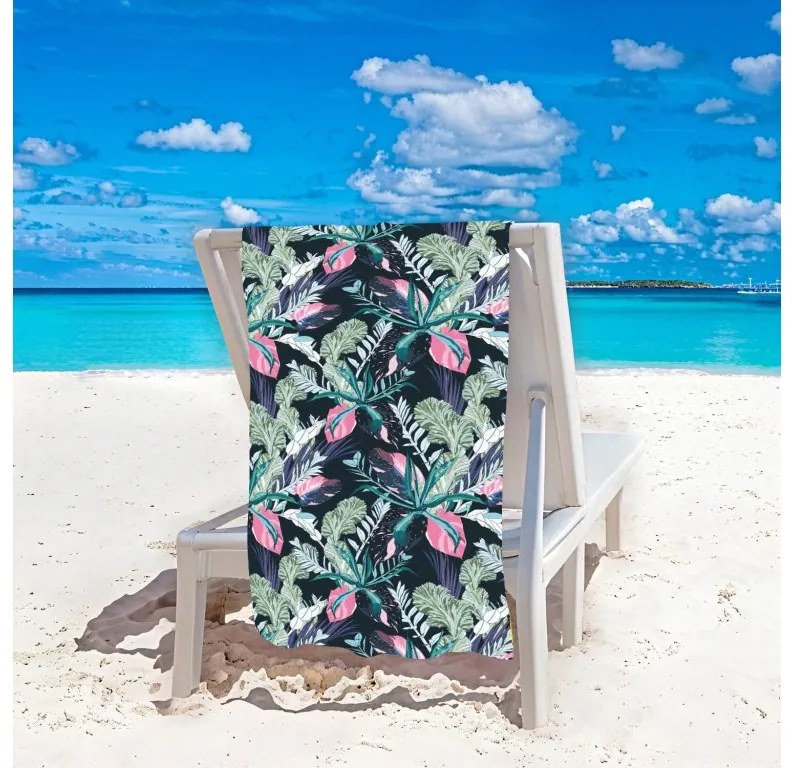 Set de plaja NIGHT BLOSSOM – prosop 100×180 cm si poncho 80×145 cm, negru