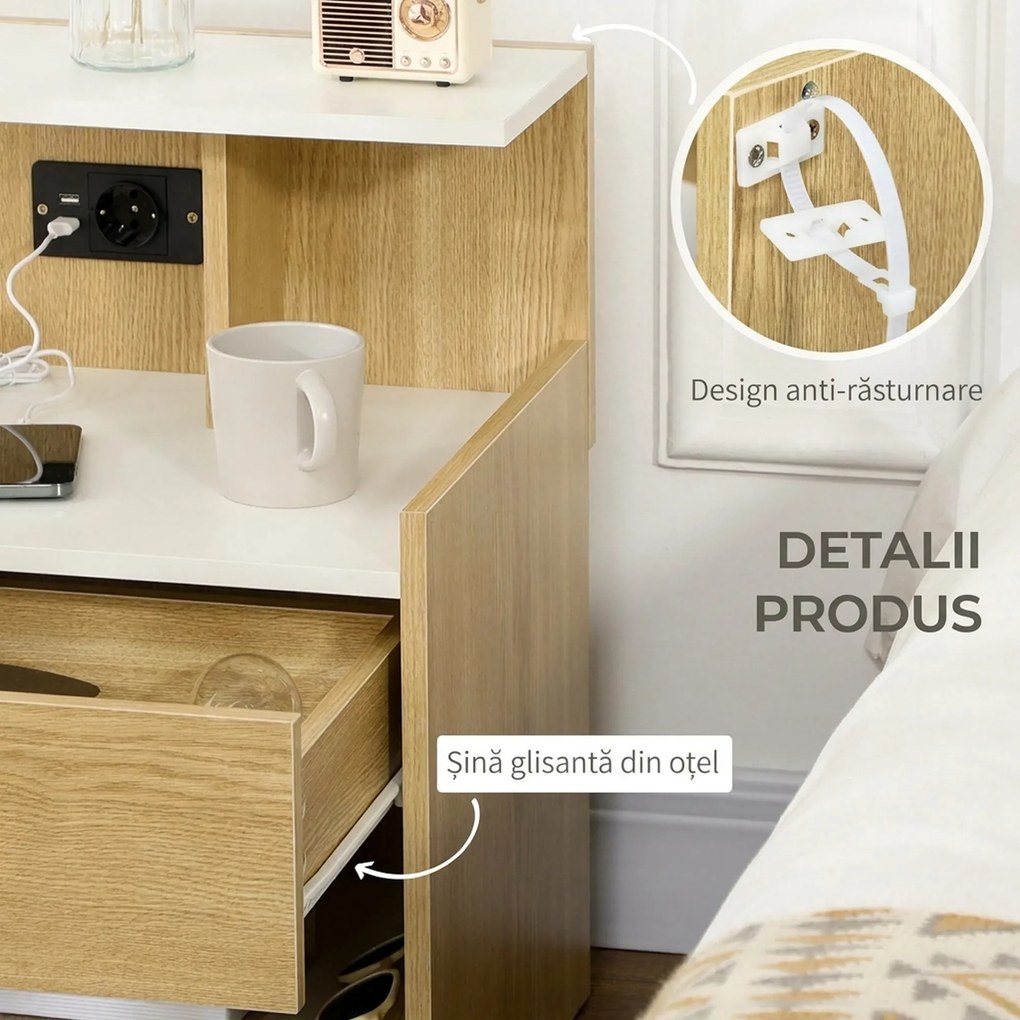 HOMCOM Noptieră Modernă cu Prize USB și Sertar, 40x40x60cm, Lemn Natural | Aosom Romania