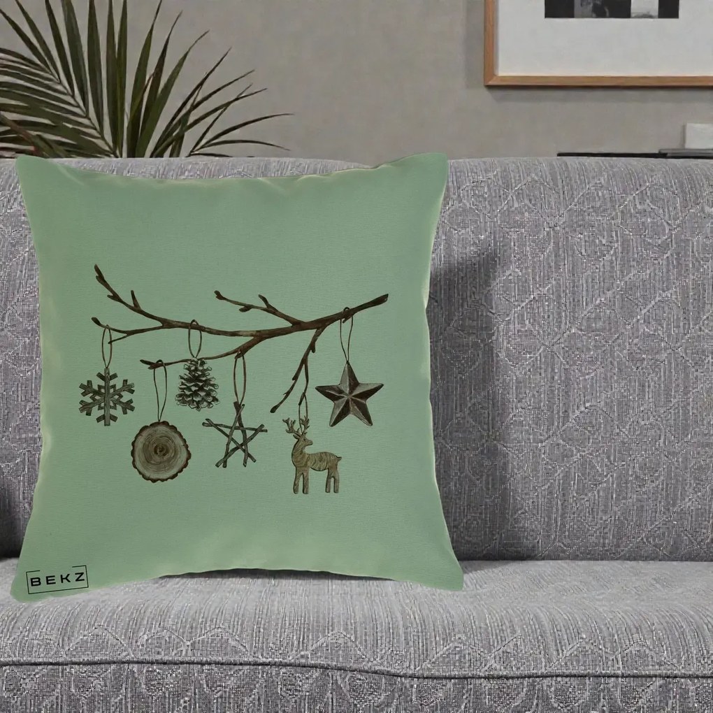 Perna Decorativa Ornamente de Lemn pe Ramura, 40x40 cm, Verde, Husa Detasabila, Perna Inclusa, BEKZ®