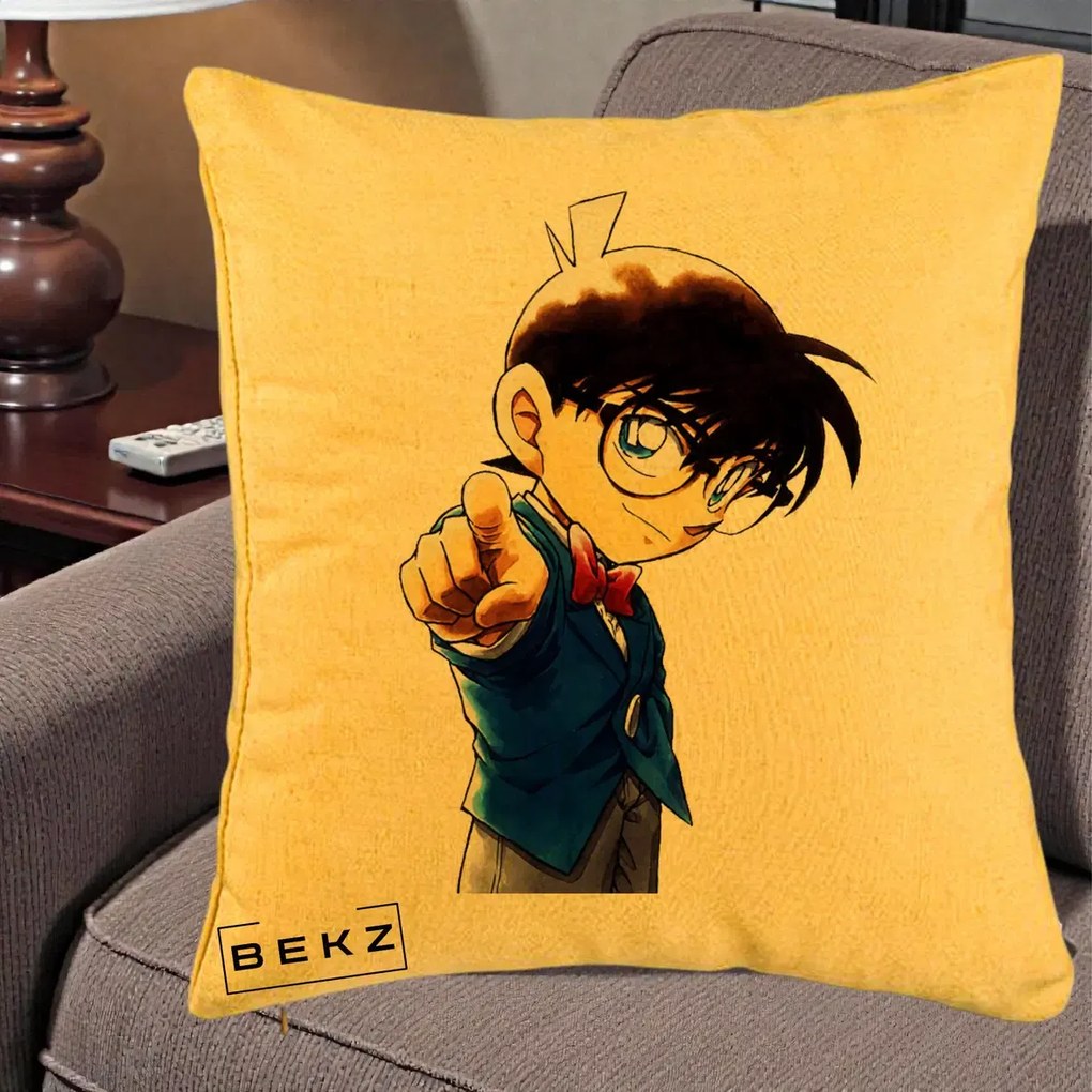 Perna Personalizata Detective Conan Conan Arata, 40x40 cm, Galben, Husa Detasabila, Perna Inclusa, BEKZ®