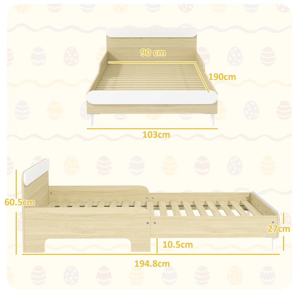 AIYAPLAY Pat Rectangular pentru Copii 3-10 Ani cu Structură din Lemn și Bariere de Protecție, 194,8x103x60,5 cm, Alb | Aosom Romania