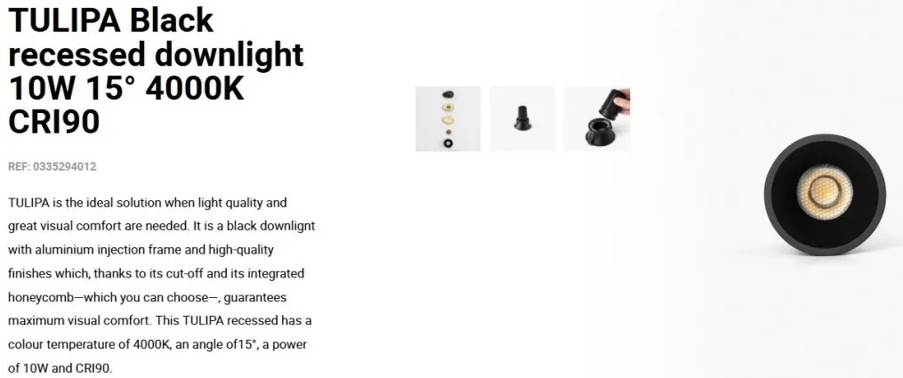 Spot LED incastrabil TULIPA Black recessed downlight 10W 15° 4000K CRI90
