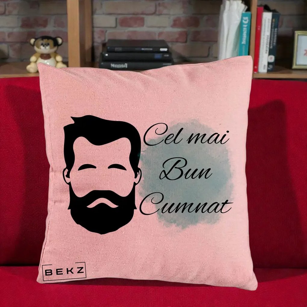 Cadou pentru Cumnat - Perna Personalizata Cel mai Bun Cumnat cu Portret Barbat si Pete Teal, 40x40 cm, Roz, Husa Detasabila, Perna Inclusa, BEKZ®
