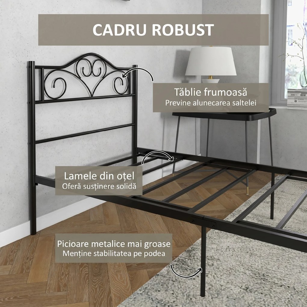 Structura Pat HOMCOM, 1 loc din Otel 900x200cm, Sipci Integrate, Tetiera si Tablie, Negru | Aosom Romania