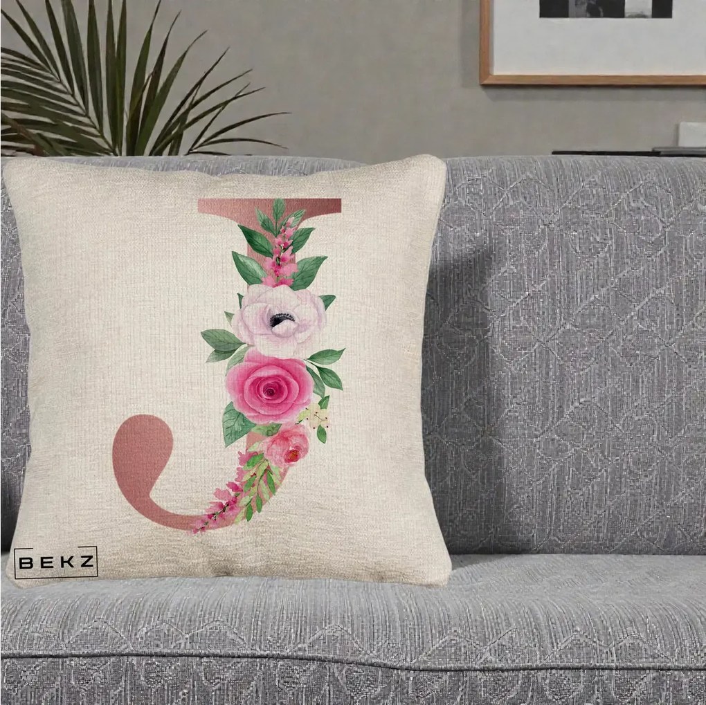 Cadou Personalizat - Perna Personalizata Monograma Rose Gold Litera J, 40x40 cm, Bej Canapea, Husa Detasabila, Perna Inclusa, BEKZ®