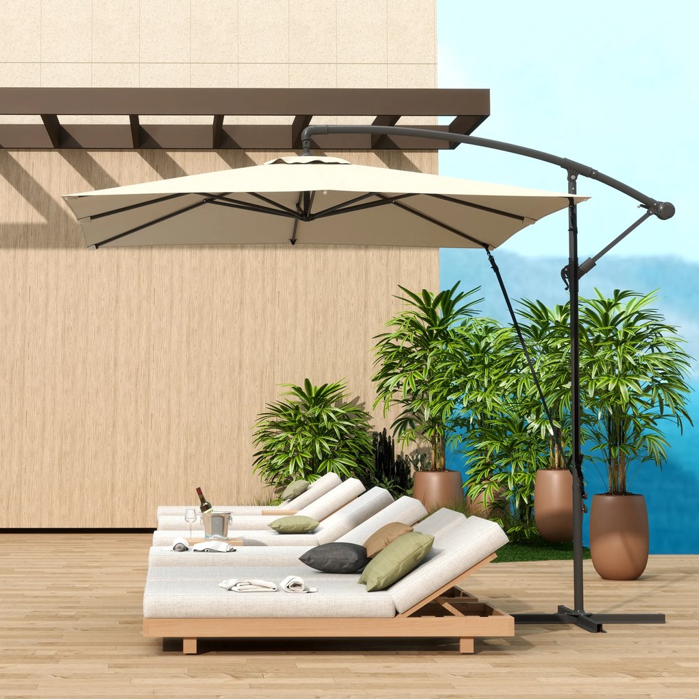 Outsunny Umbrelă de Grădină Suspendată 2.47x2.47 m, Umbrelă de Exterior cu Bază în Cruce, Corzi Antivânt, Bej | Aosom Romania