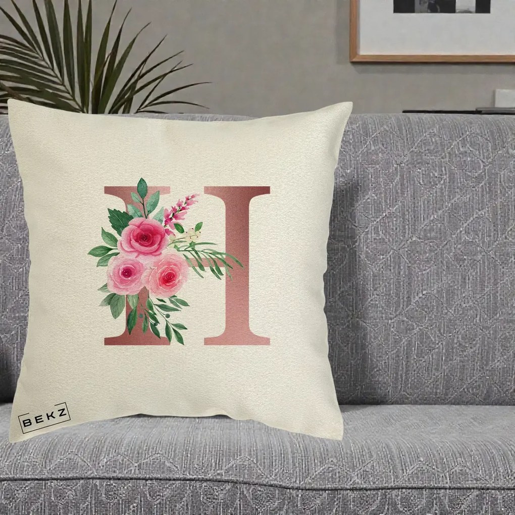 Cadou Personalizat - Perna Personalizata Monograma Rose Gold Litera H, 40x40 cm, Ecru, Husa Detasabila, Perna Inclusa, BEKZ®