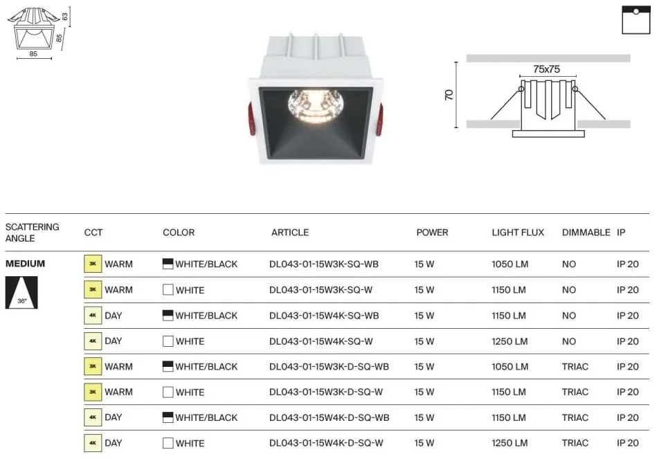 Spot LED incastrabil design tehnic Alpha alb, 8,5x8,5cm, 4000K