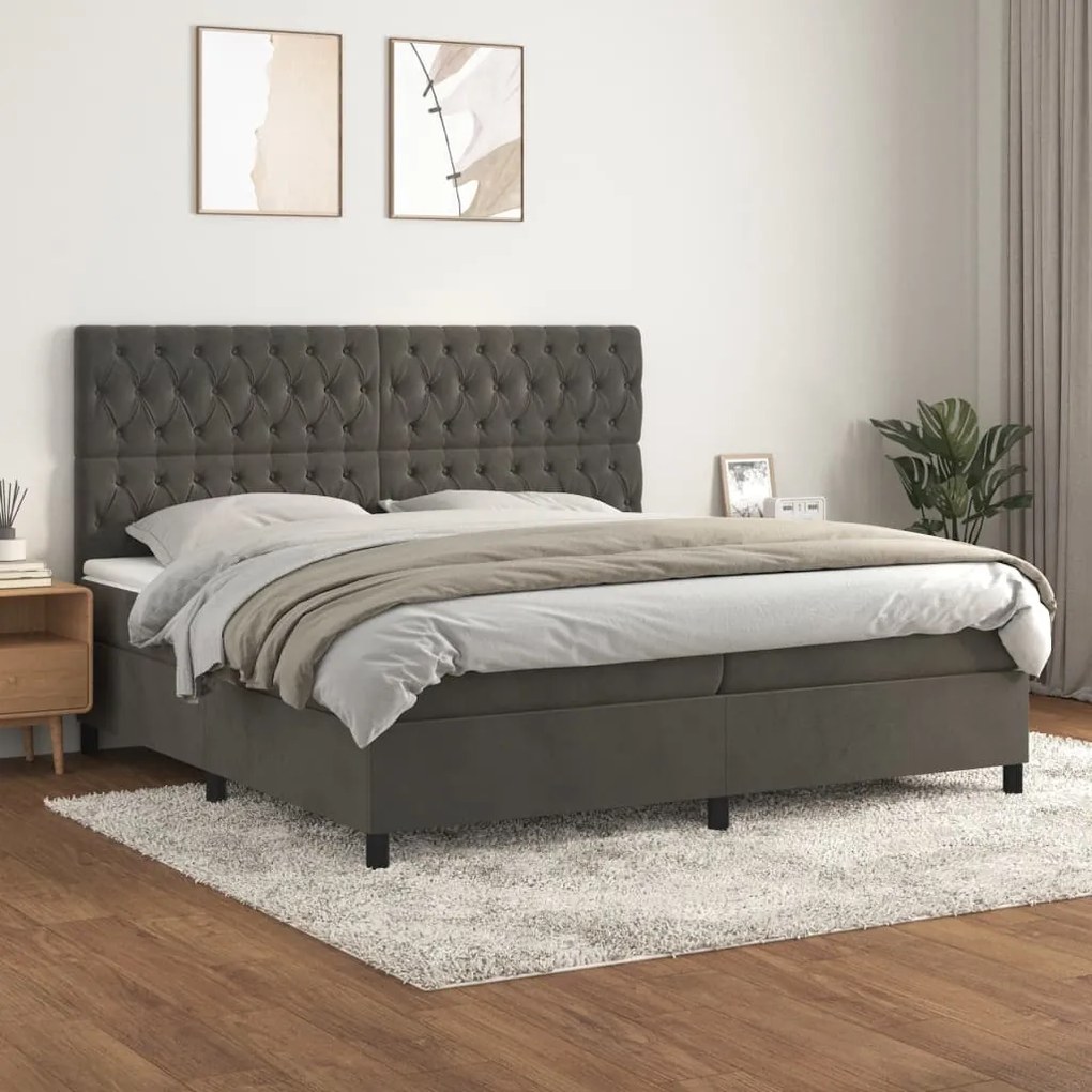 vidaXL Pat box spring cu saltea, gri închis, 200x200 cm, catifea