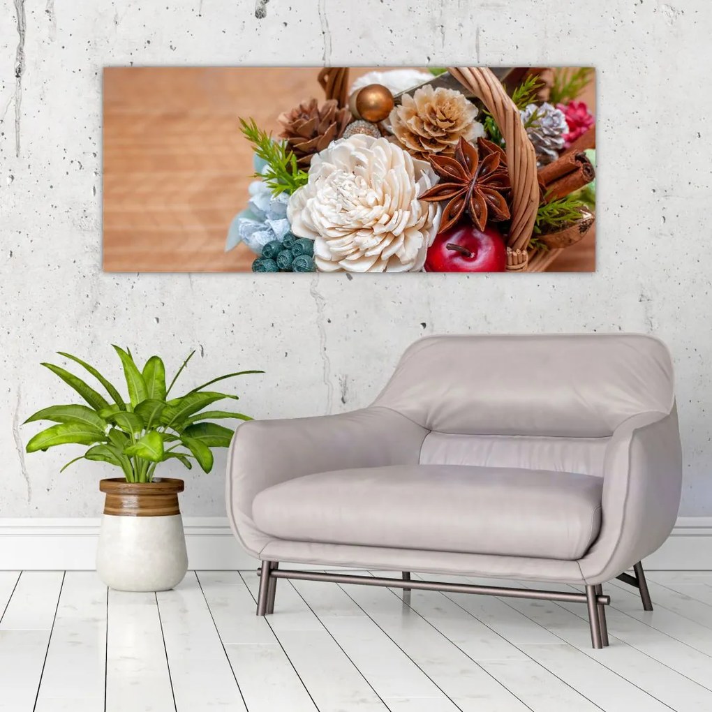 Tablou cu coș din nuiele (120x50 cm)