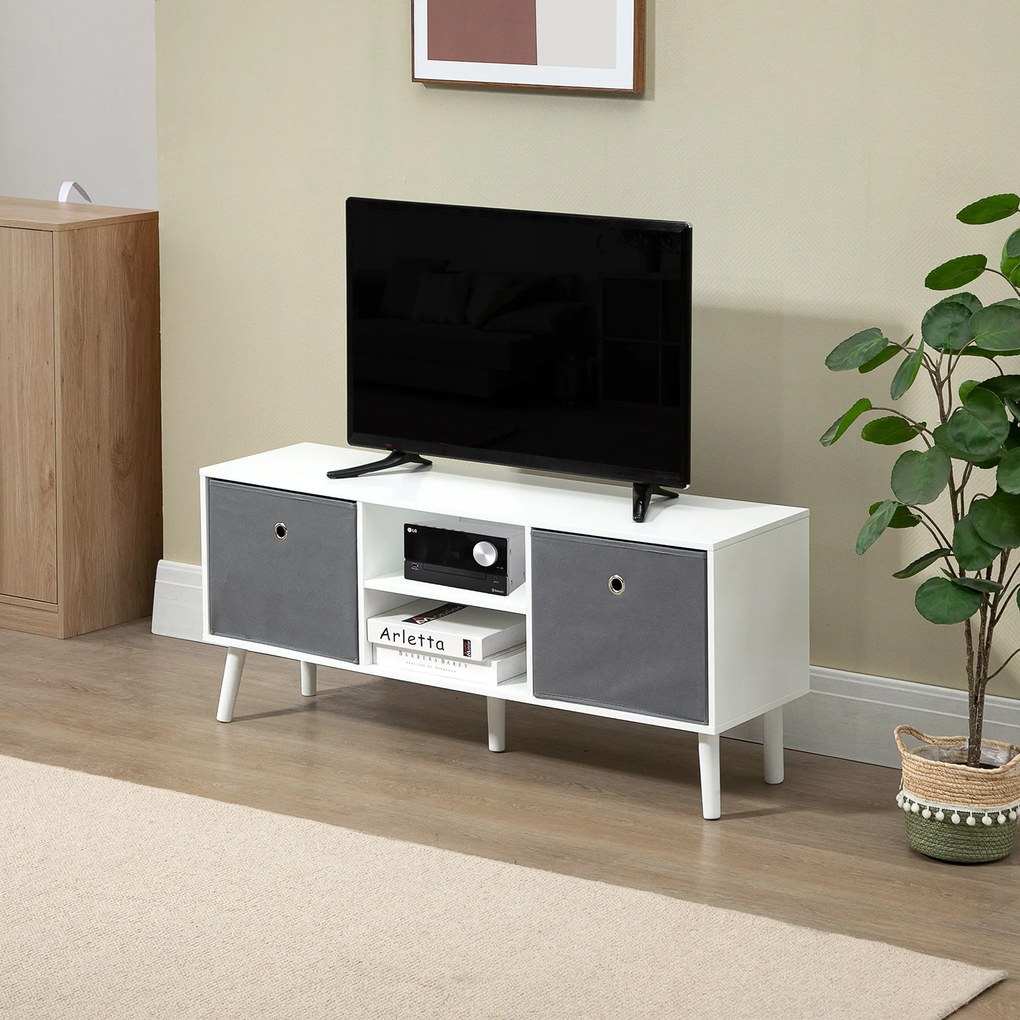 Mobilier pentru televizoare cu  2 rafturi deschise, Orificii pentru cabluri, MDF, 110x29x46,5cm Alb, Gri HOMCOM | Aosom RO