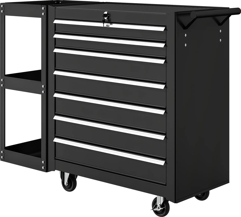 HOMCOM Carucior de atelier pentru unelte cu 7 sertare, poliță laterală detașabilă, 4 roți cu frână de blocare, 96x33,5x75cm, Negru | Aosom Romania